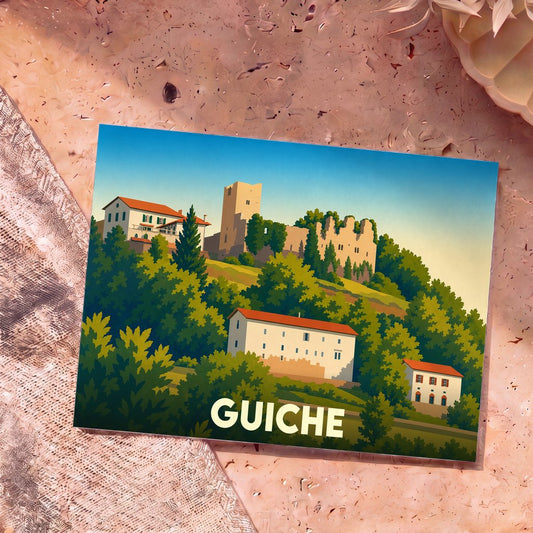 Carte postale souvenir de la ville de Guiche avec une illustration stylisée de son château et de ses maisons.