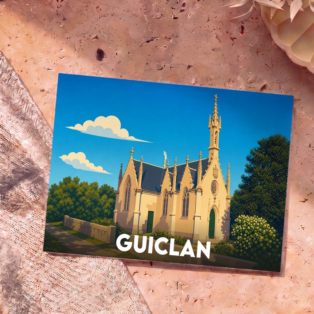 Carte postale souvenir de la ville de Guiclan avec une illustration stylisée d'une chapelle gothique.