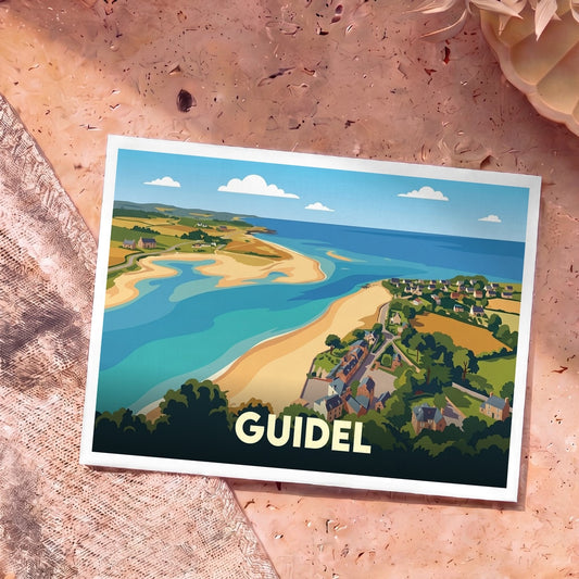Carte postale souvenir de la ville de Guidel illustrant de manière stylisée son littoral et l'embouchure de la Laïta.