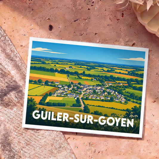 Carte postale souvenir de Guiler-sur-Goyen avec une illustration panoramique et colorée du village et de sa campagne.