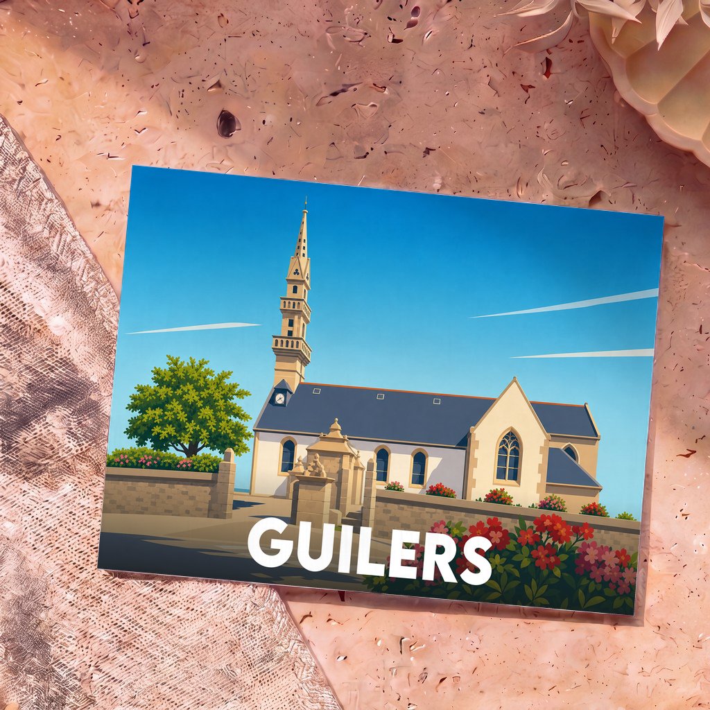 Carte postale souvenir de la ville de Guilers avec une illustration stylisée de son église sous un ciel bleu.