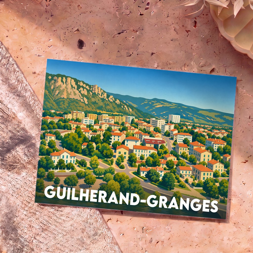Carte postale souvenir de la ville de Guilherand-Granges avec une illustration stylisée et colorée du paysage urbain au pied des montagnes.