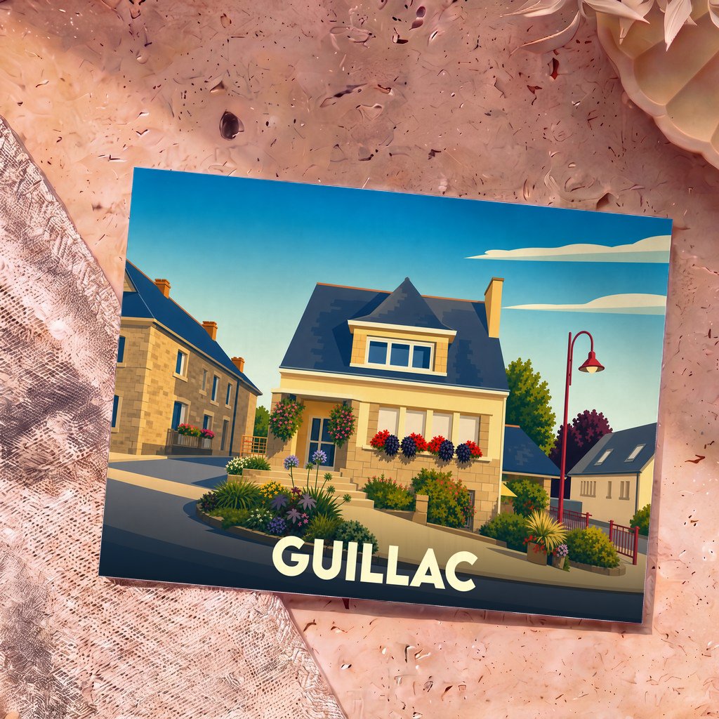 Carte postale souvenir de la ville de Guillac avec une illustration stylisée de maisons fleuries.