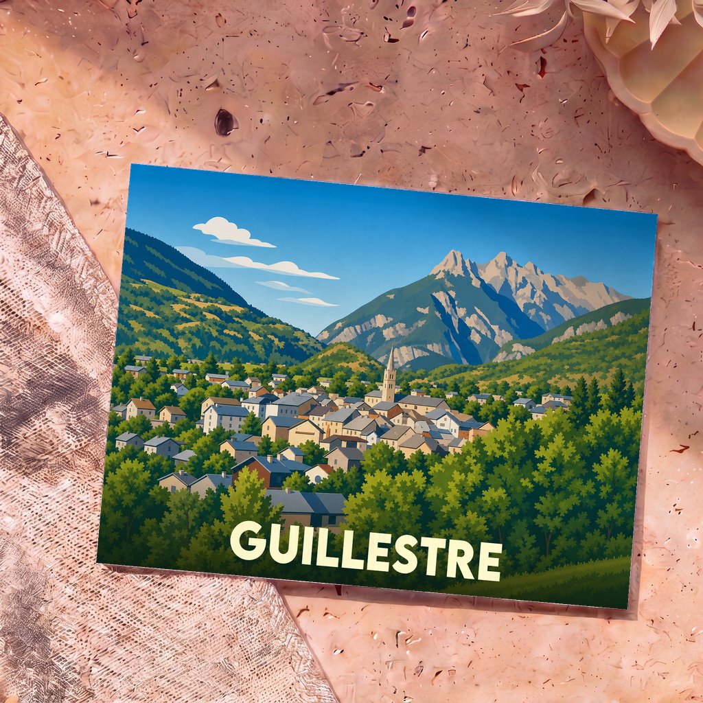 Carte postale souvenir de la ville de Guillestre avec une illustration stylisée d'un village de montagne.
