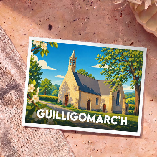 Carte postale souvenir de la ville de Guilligomarc'h illustrant son église dans un style graphique et coloré.