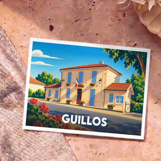 Carte postale souvenir de la ville de Guillos avec une illustration stylisée d'une mairie française typique.