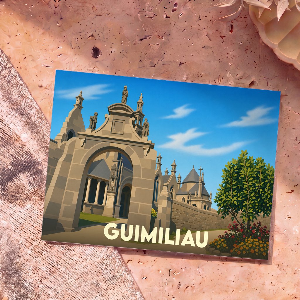 Carte postale souvenir de la ville de Guimiliau avec une illustration stylisée de son enclos paroissial.