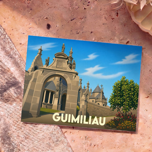 Carte postale souvenir de la ville de Guimiliau avec une illustration stylisée de son enclos paroissial.