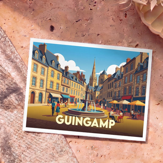Carte postale souvenir de la ville de Guingamp avec une illustration colorée et stylisée de son centre historique.
