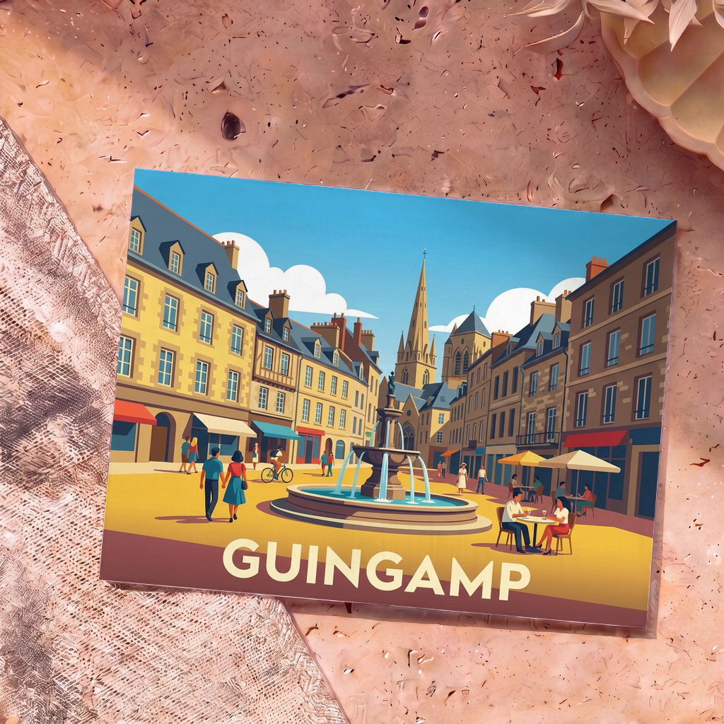Carte postale souvenir de la ville de Guingamp avec une illustration colorée et stylisée de son centre historique.