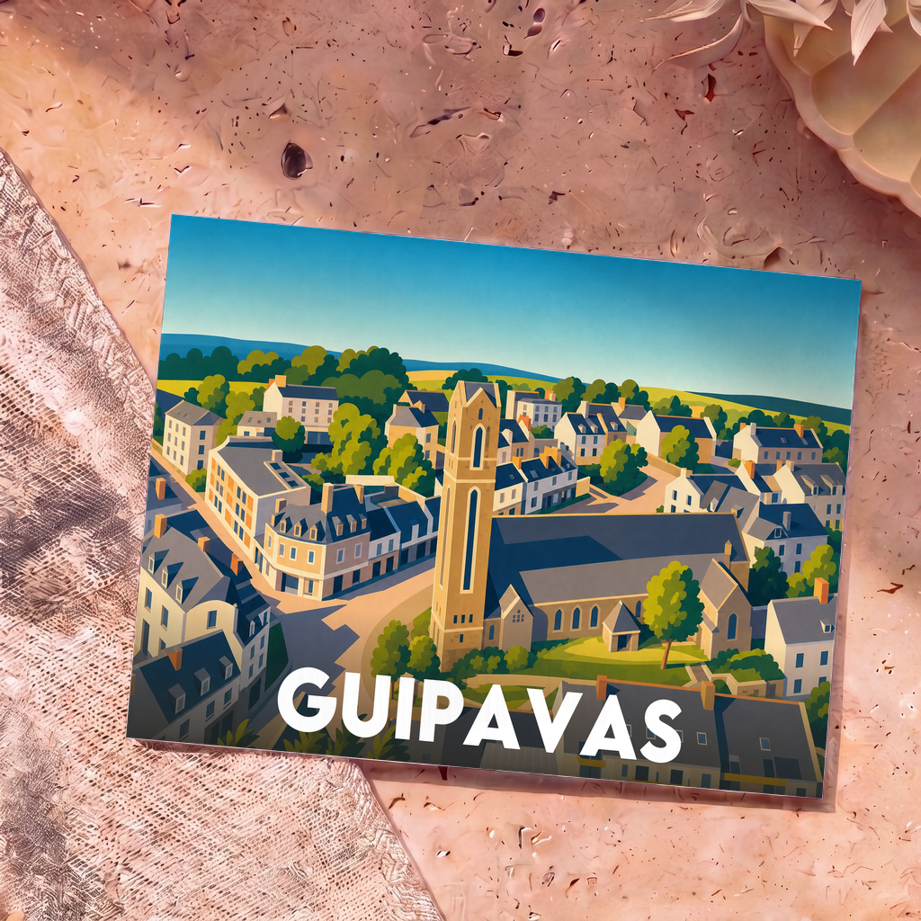 Carte postale souvenir de la ville de Guipavas avec une illustration stylisée et colorée de son centre-ville.