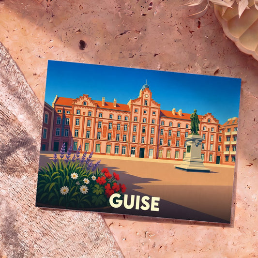 Carte postale souvenir de la ville de Guise illustrant le Familistère avec un style graphique épuré.