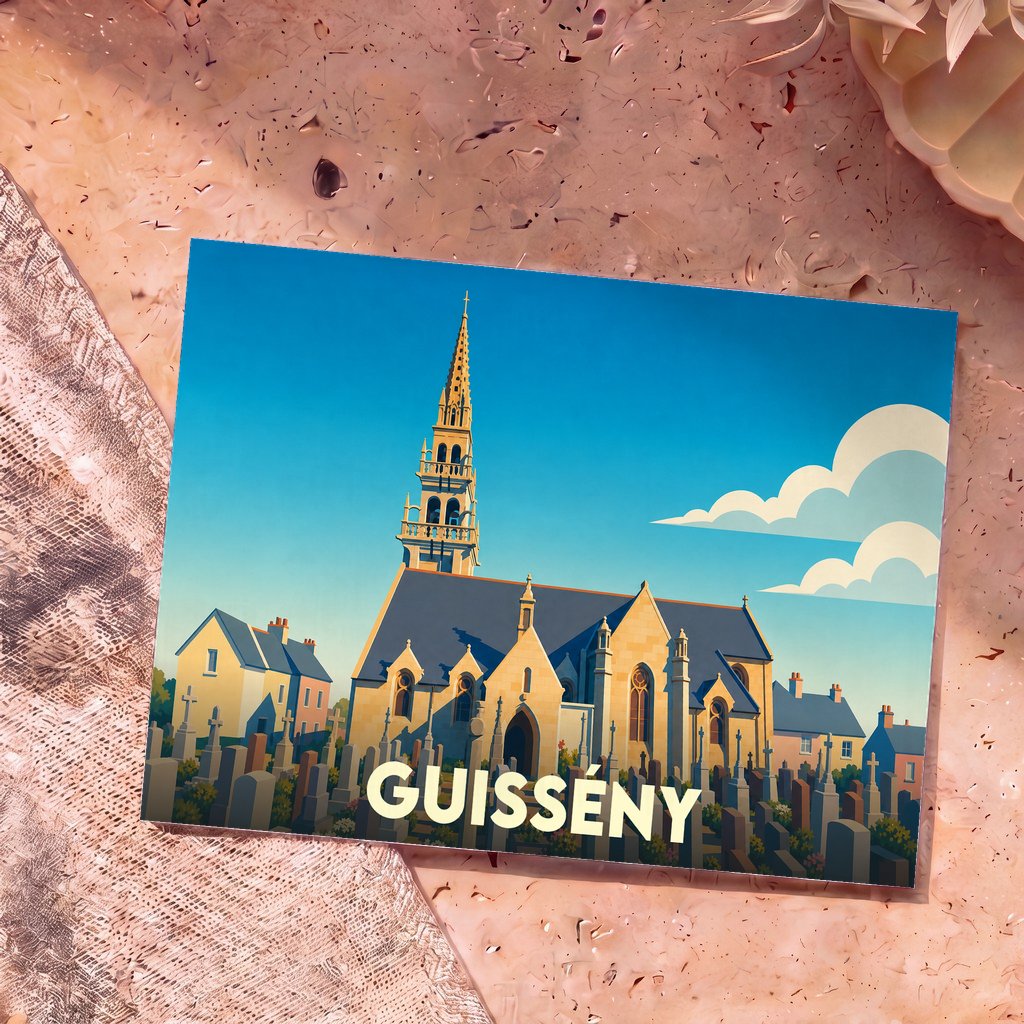 Carte postale souvenir de la ville de Guissény avec une illustration stylisée de son église et de son cimetière.