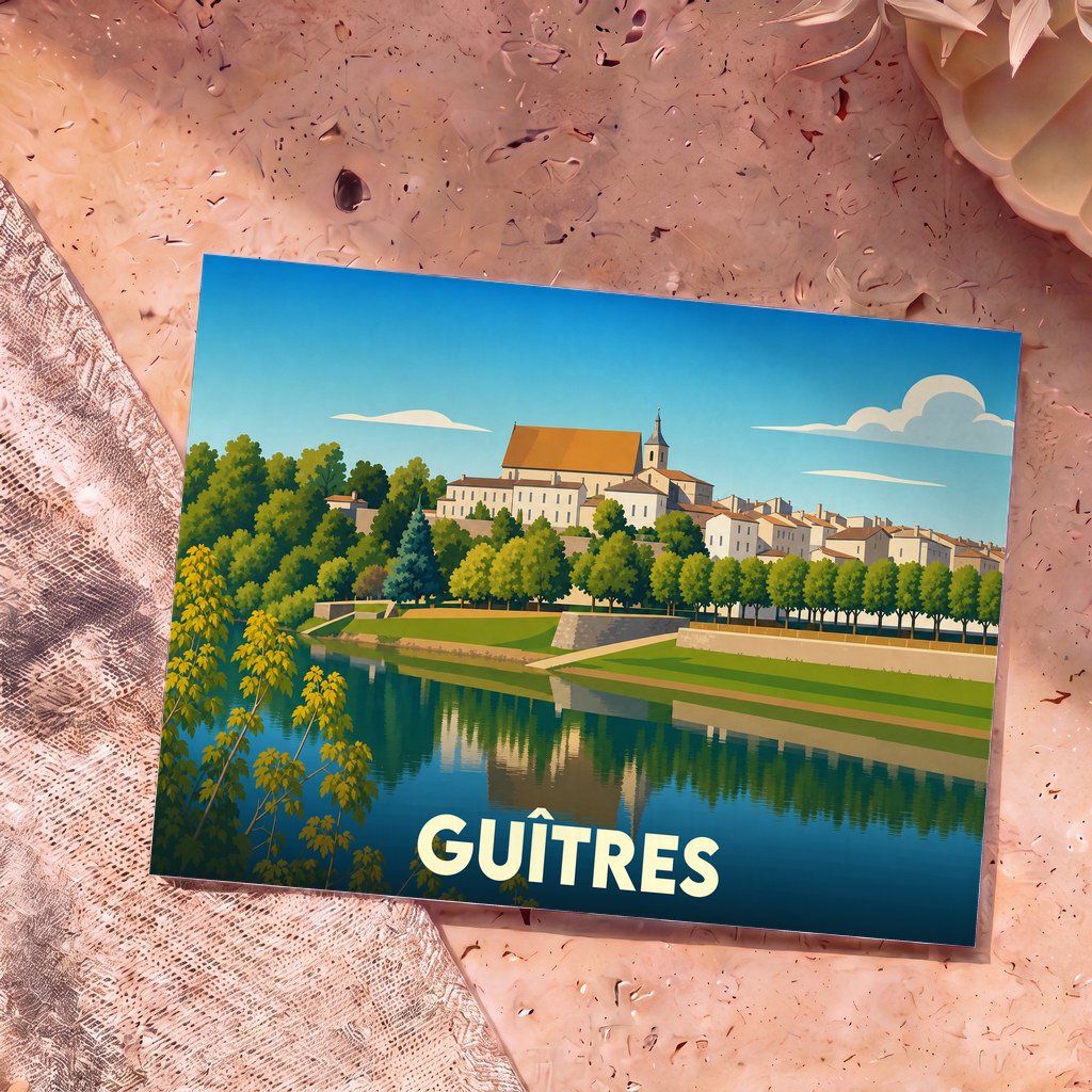 Carte postale souvenir de la ville de Guîtres illustrant son église et ses bords de l'Isle dans un style graphique épuré.