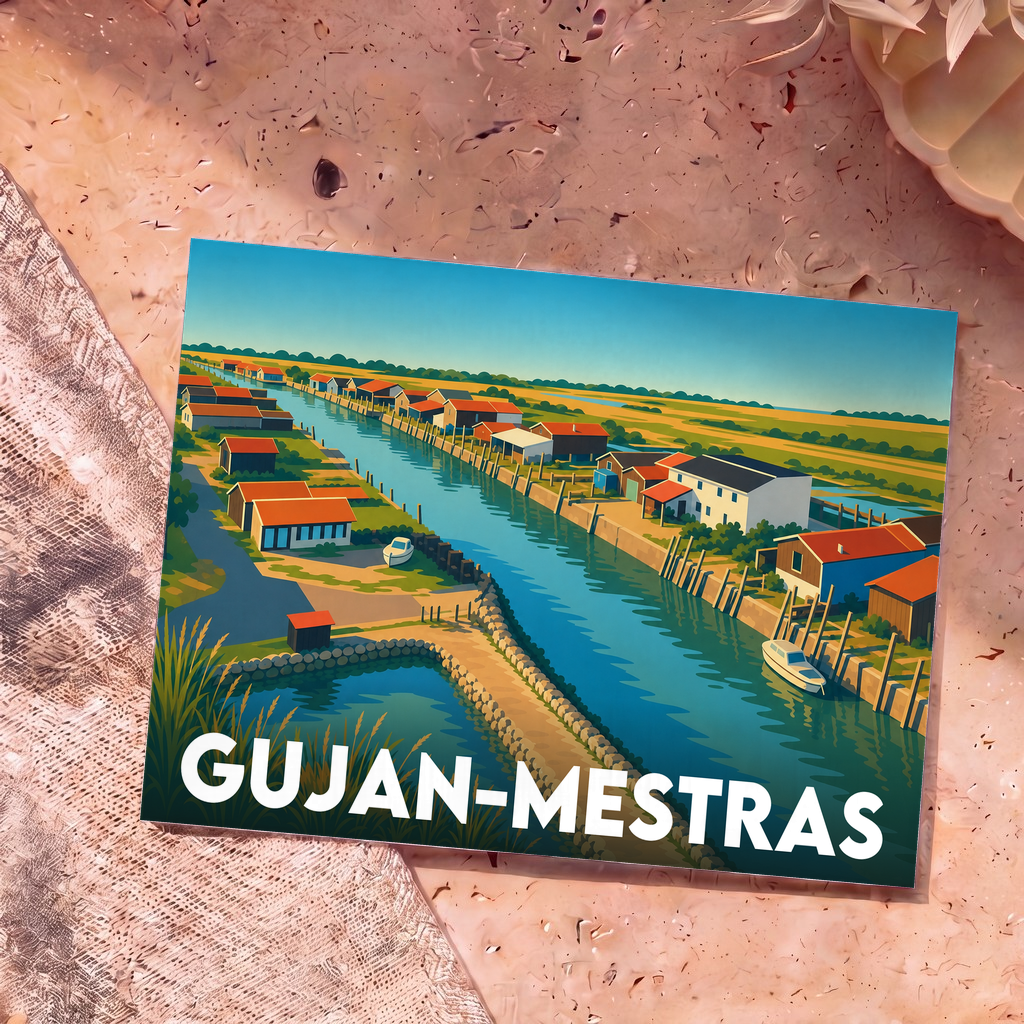 Carte postale souvenir de la ville de Gujan-Mestras illustrant ses cabanes ostréicoles typiques le long d'un chenal.