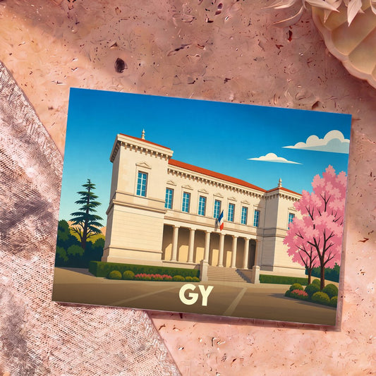 Carte postale souvenir de la ville de Gy avec une illustration stylisée de son château.