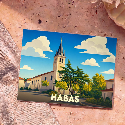 Carte postale souvenir de la ville de Habas avec une illustration stylisée de son église sous un ciel nuageux.