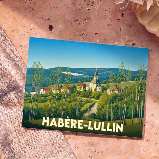 Carte postale souvenir de la commune de Habère-Lullin illustrant le village et son église dans un style graphique épuré.