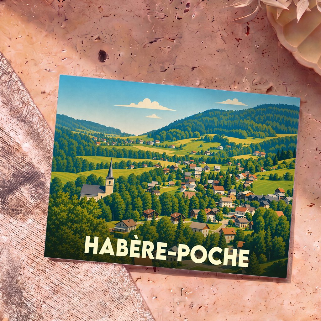 Carte postale souvenir de la ville de Habère-Poche avec une illustration stylisée de son village et ses montagnes.