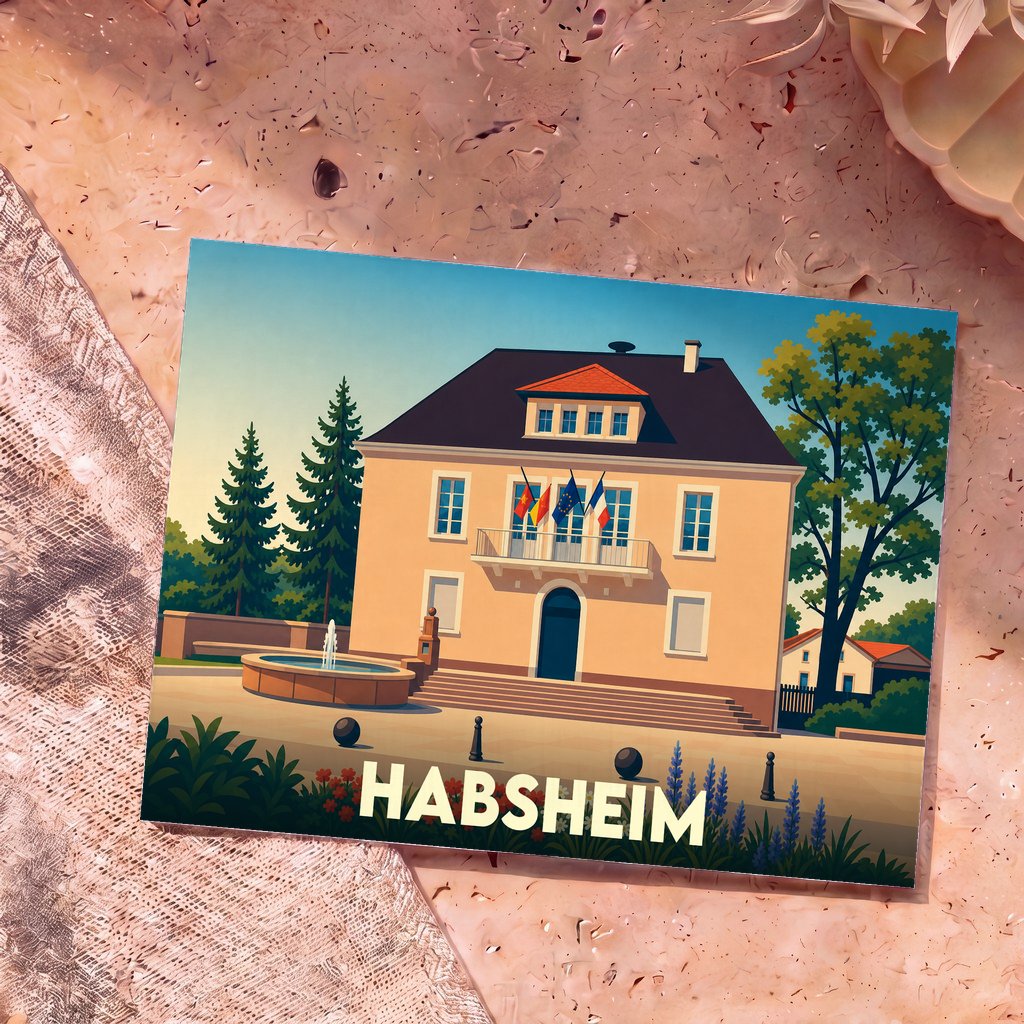 Carte postale souvenir de la ville de Habsheim représentant l'hôtel de ville avec une illustration stylisée.