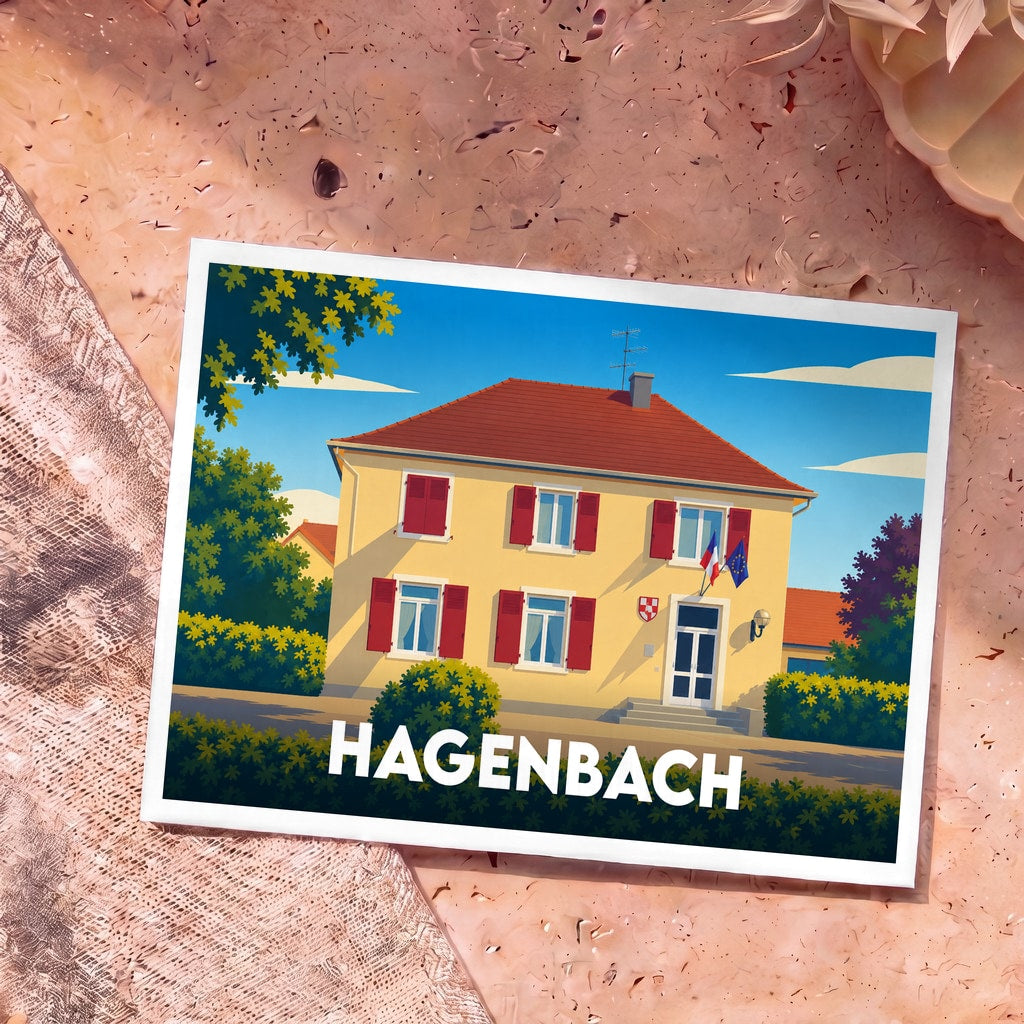 Carte postale souvenir de la ville de Hagenbach avec une illustration stylisée de la mairie sous un ciel bleu.