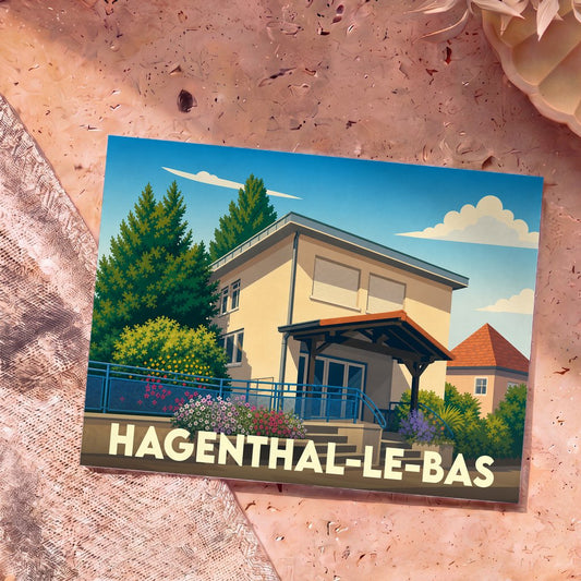 Carte postale souvenir de la ville de Hagenthal-le-Bas avec une illustration stylisée d'un bâtiment local.