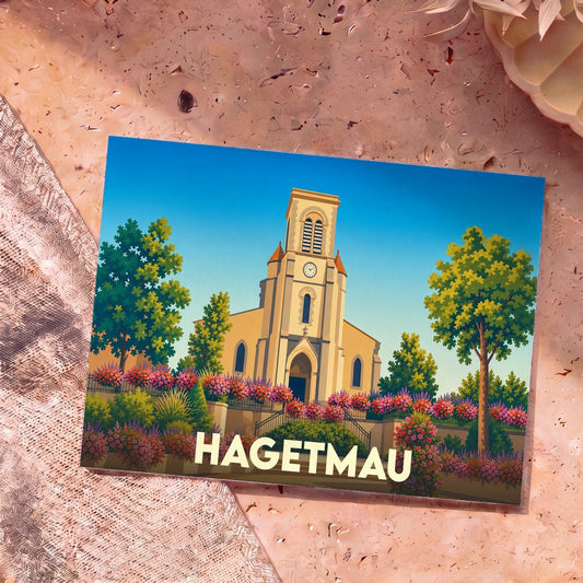 Carte postale souvenir de la ville de Hagetmau avec une illustration stylisée de son église fleurie.