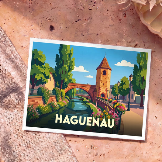 Carte postale souvenir de la ville de Haguenau illustrant ses monuments historiques et son canal dans un style graphique coloré.