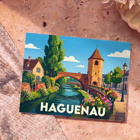Carte postale souvenir de la ville de Haguenau illustrant ses monuments historiques et son canal dans un style graphique coloré.