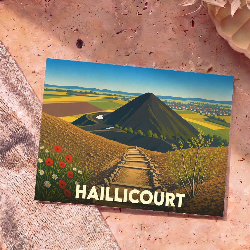 Carte postale souvenir de la ville de Haillicourt avec une illustration stylisée de ses terrils et paysages environnants.
