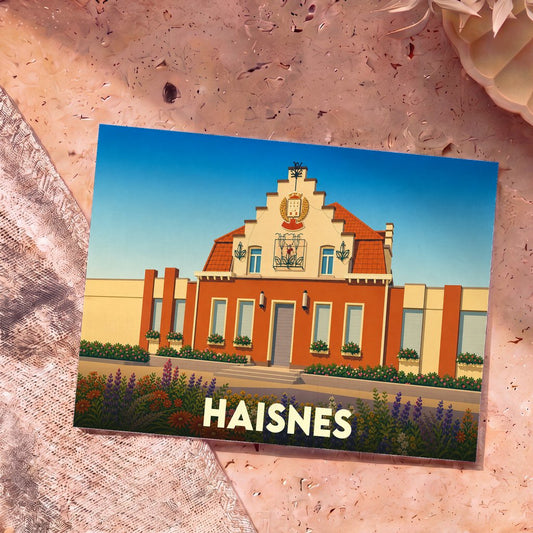 Carte postale souvenir de la ville de Haisnes illustrant son hôtel de ville dans un style graphique et coloré.