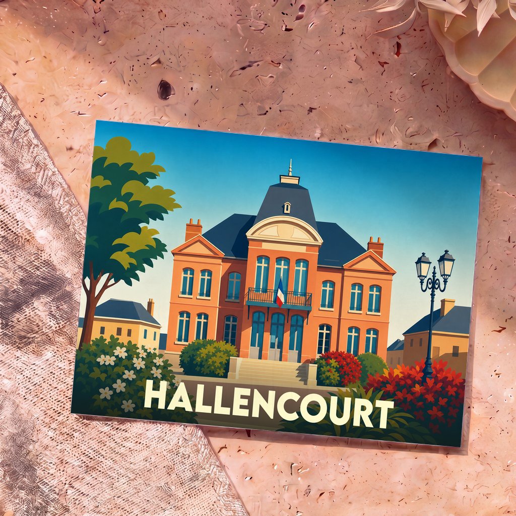 Carte postale souvenir de la ville de Hallencourt avec une illustration stylisée de son hôtel de ville.