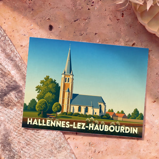 Carte postale souvenir de Hallennes-lez-Haubourdin représentant son église dans un style graphique épuré.