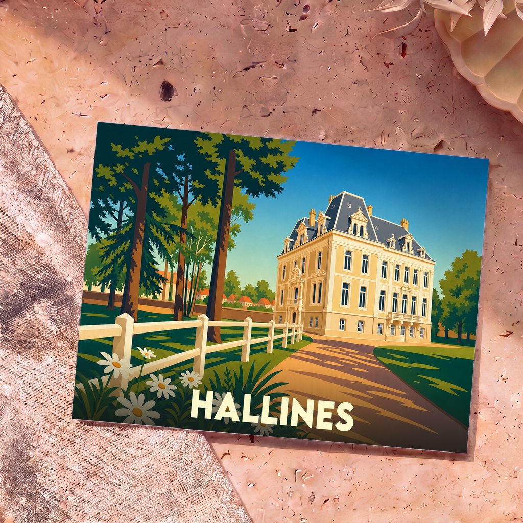 Carte postale souvenir de la ville de Hallines avec une illustration stylisée de son château.