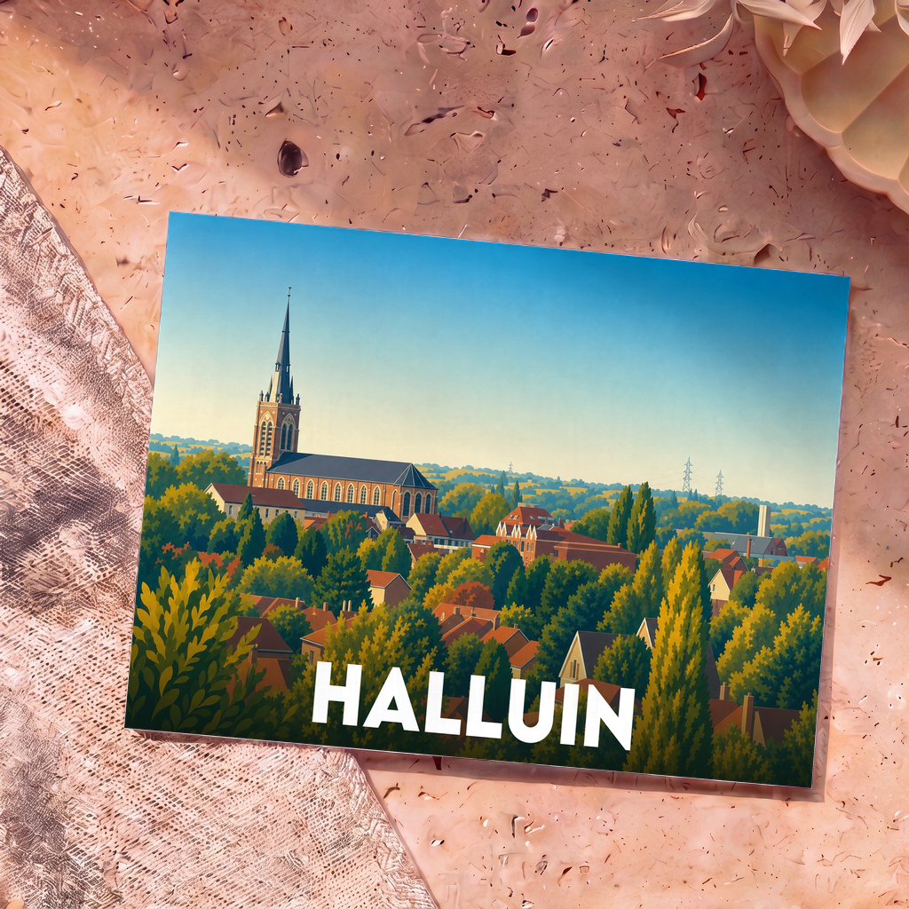 Carte postale souvenir de la ville de Halluin avec une illustration stylisée de son église et de ses toits.