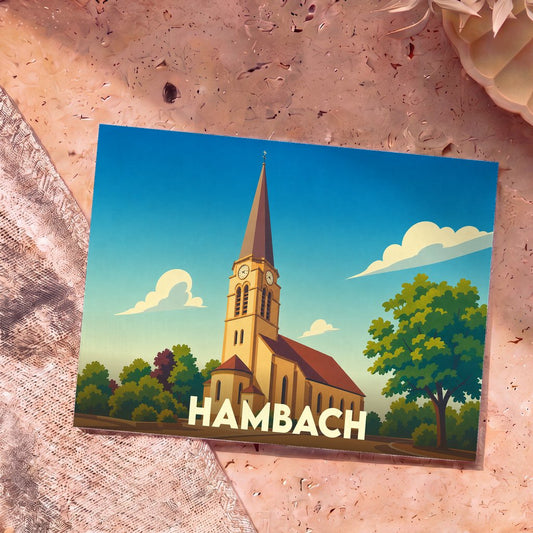 Carte postale souvenir de la ville de Hambach illustrant son église dans un style graphique épuré.