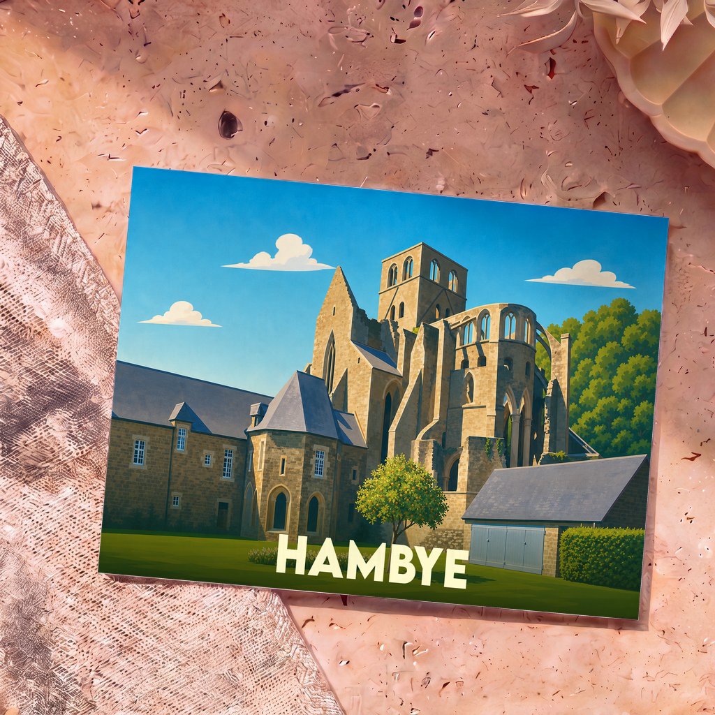 Carte postale souvenir de la ville de Hambye représentant une illustration stylisée de son abbaye médiévale.