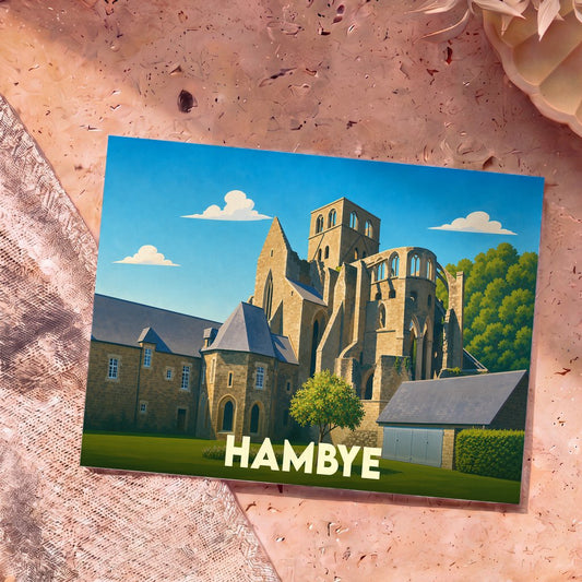 Carte postale souvenir de la ville de Hambye représentant une illustration stylisée de son abbaye médiévale.