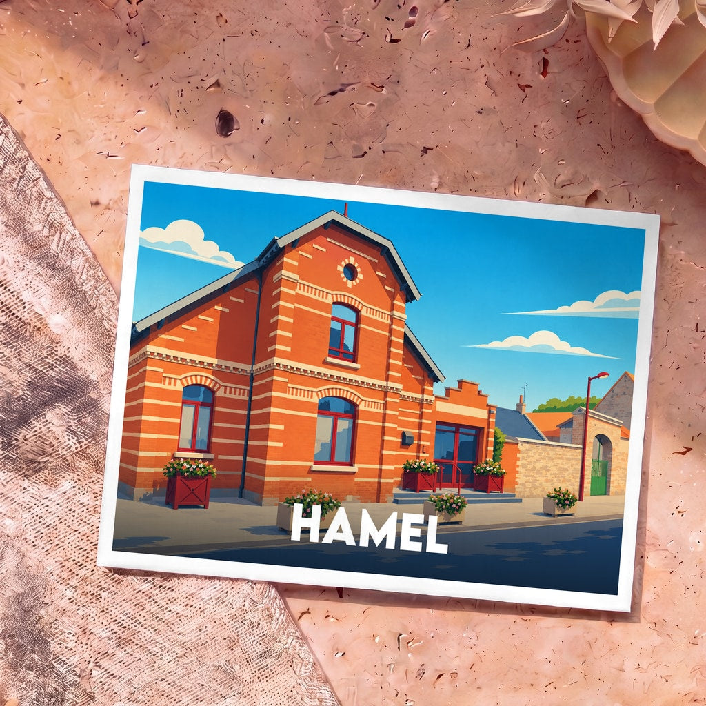 Carte postale souvenir de la ville de Hamel avec une illustration stylisée d'un bâtiment en briques rouges.