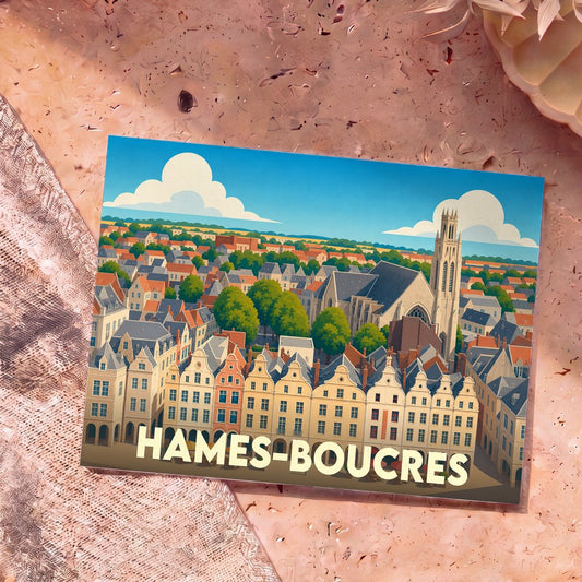 Carte postale souvenir de la ville de Hames-Boucres avec une illustration stylisée.