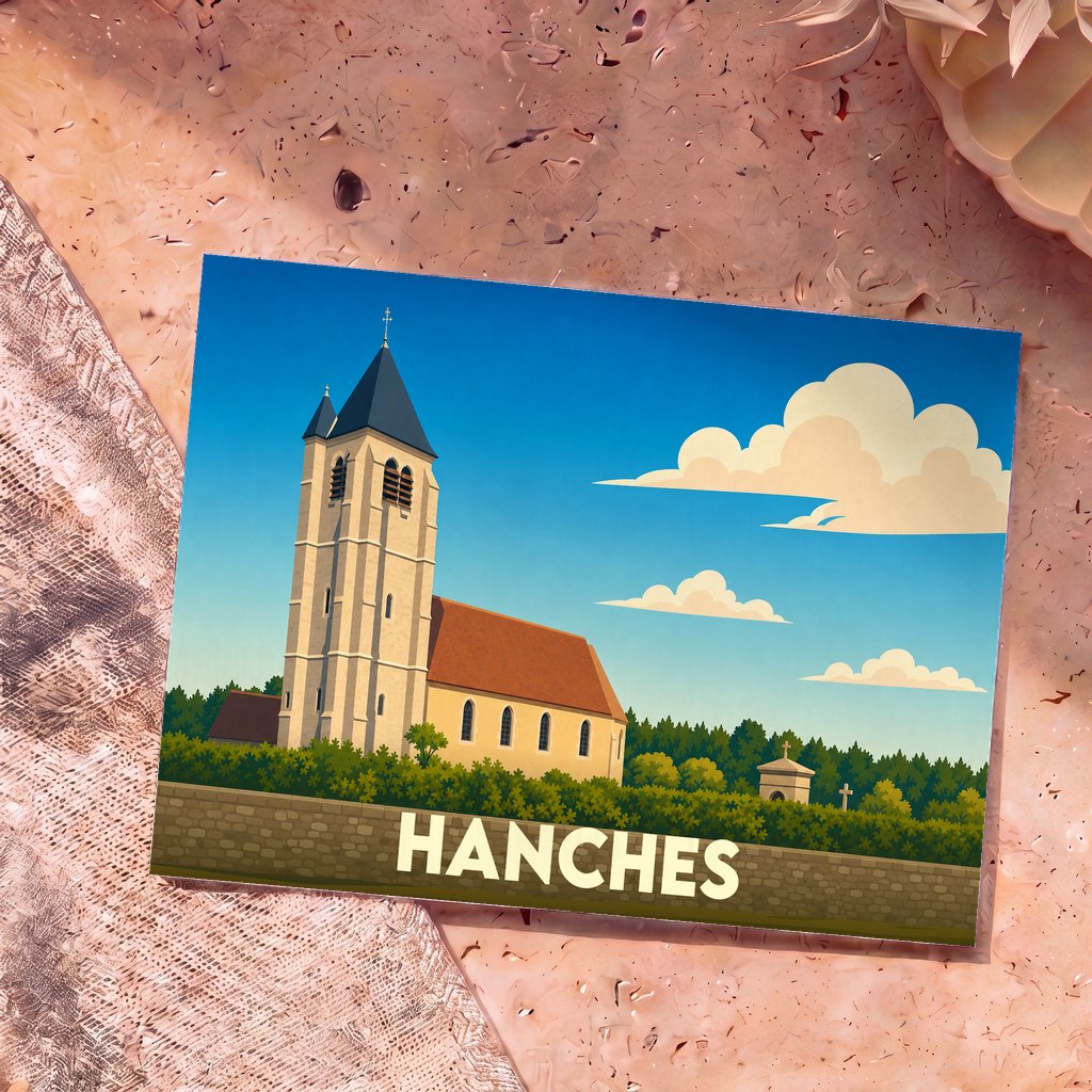 Carte postale souvenir de la ville de Hanches avec une illustration stylisée de son église.