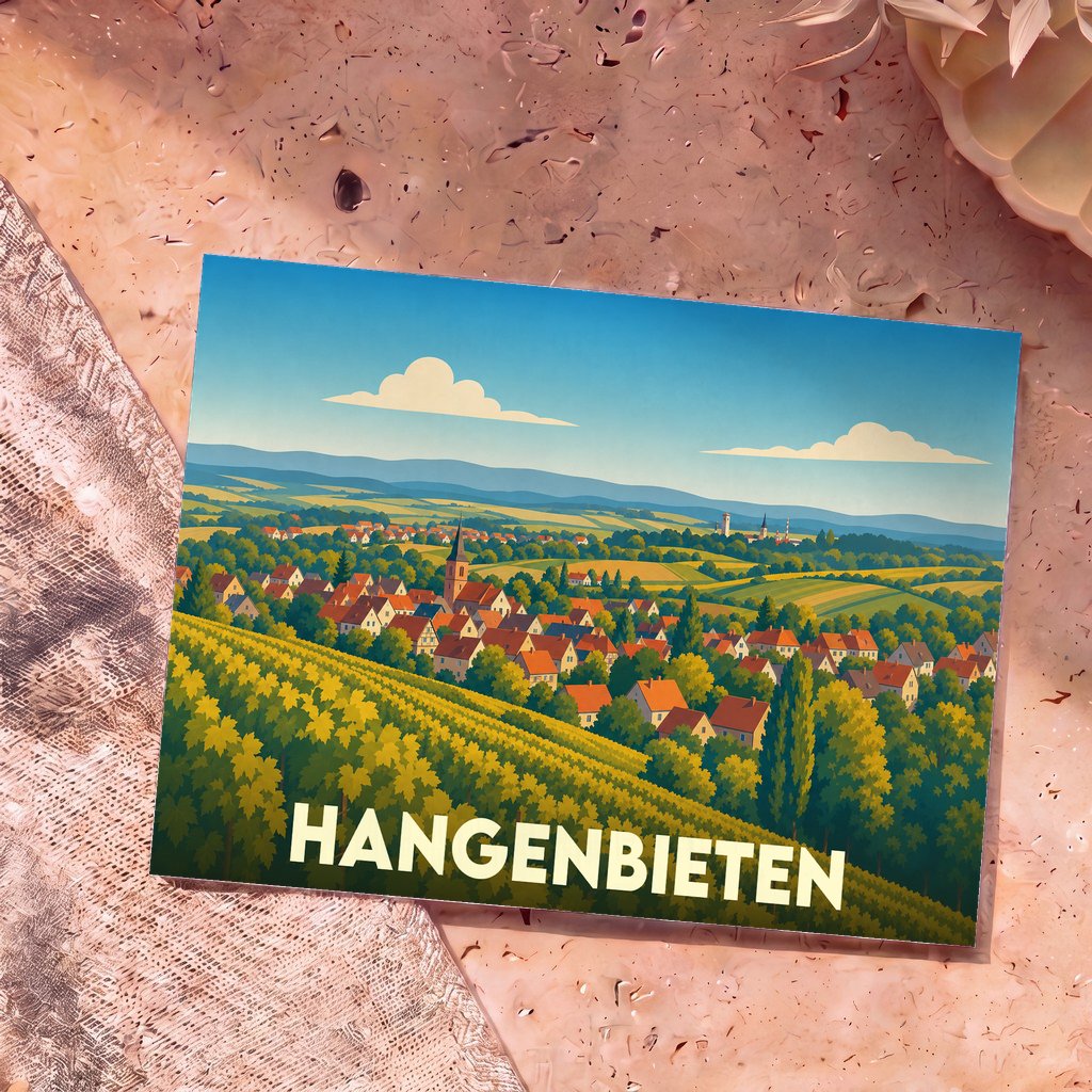 Carte postale souvenir de la ville de Hangenbieten avec une illustration stylisée de son paysage vallonné.