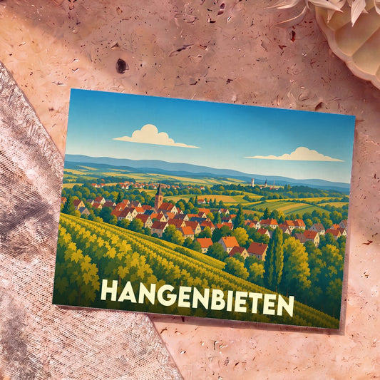 Carte postale souvenir de la ville de Hangenbieten avec une illustration stylisée de son paysage vallonné.
