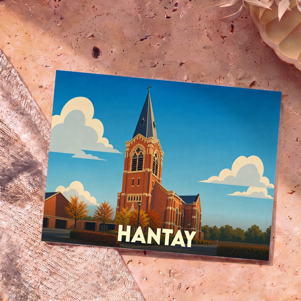Carte postale souvenir de la ville de Hantay avec une illustration stylisée de son église.