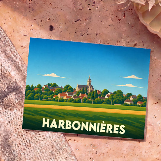 Carte postale souvenir de la ville de Harbonnières avec une illustration stylisée d'un village français.