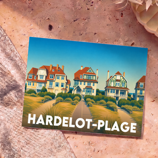 Carte postale souvenir de Hardelot-Plage avec une illustration stylisée de villas en bord de mer.