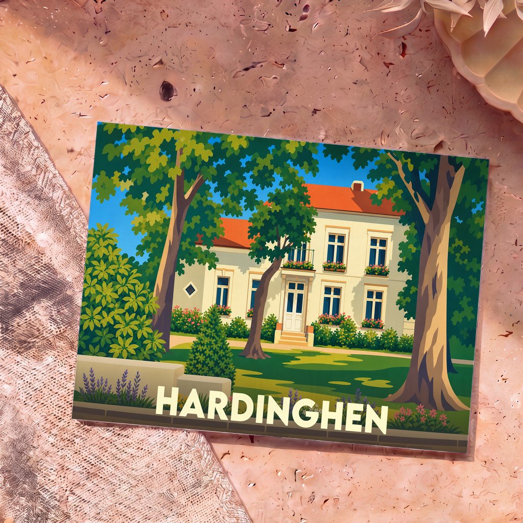 Carte postale souvenir de la ville de Hardinghen avec une illustration stylisée représentant une demeure entourée de verdure.