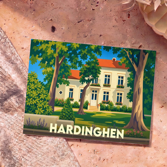 Carte postale souvenir de la ville de Hardinghen avec une illustration stylisée représentant une demeure entourée de verdure.