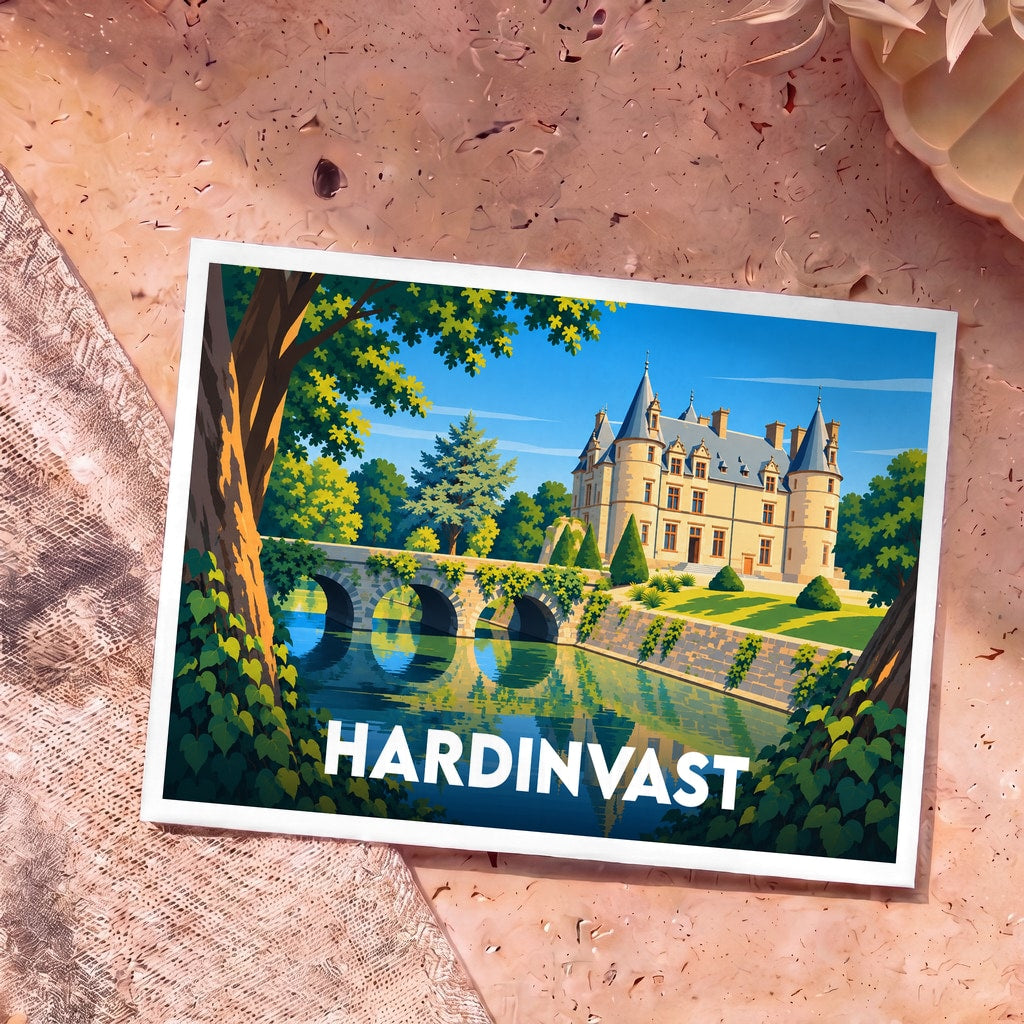 Carte postale souvenir de la ville de Hardinvast illustrant un château au bord de l'eau dans un style graphique épuré.