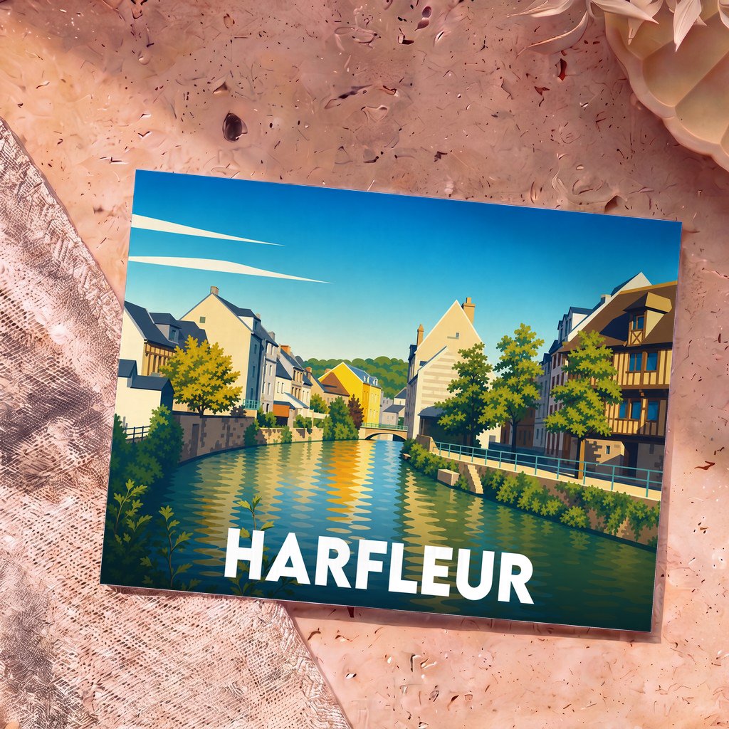 Carte postale souvenir de la ville de Harfleur illustrant les bords de la Lézarde dans un style graphique épuré.